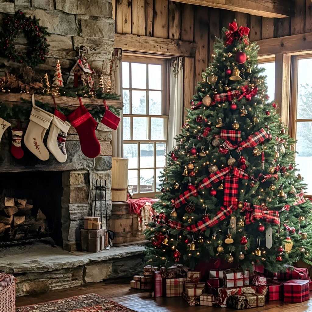 18. Wooden Sleigh Bell Tree with Plaid Ribbons and Horses