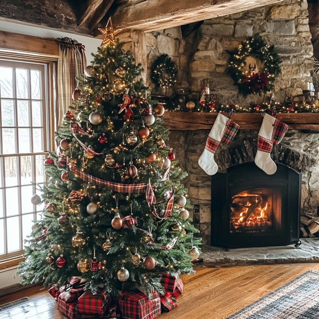 18. Wooden Sleigh Bell Tree with Plaid Ribbons and Horses