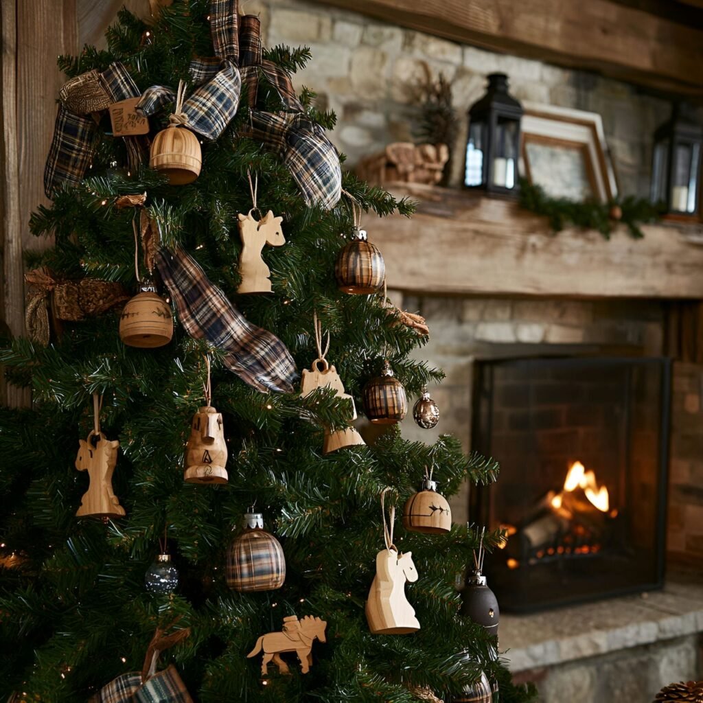 18. Wooden Sleigh Bell Tree with Plaid Ribbons and Horses