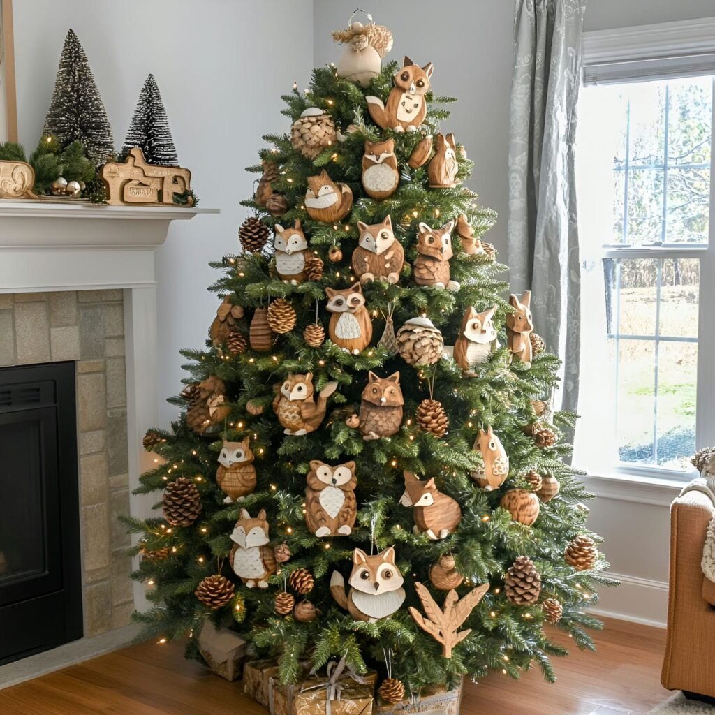 01. Woodland Wildlife Christmas Tree with Fox, Owl, and Squirrel Décor