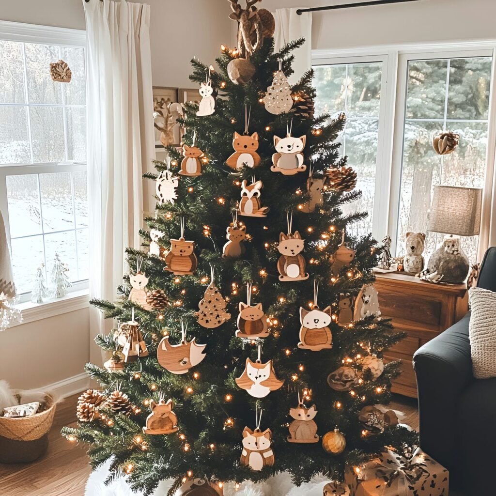 01. Woodland Wildlife Christmas Tree with Fox, Owl, and Squirrel Décor