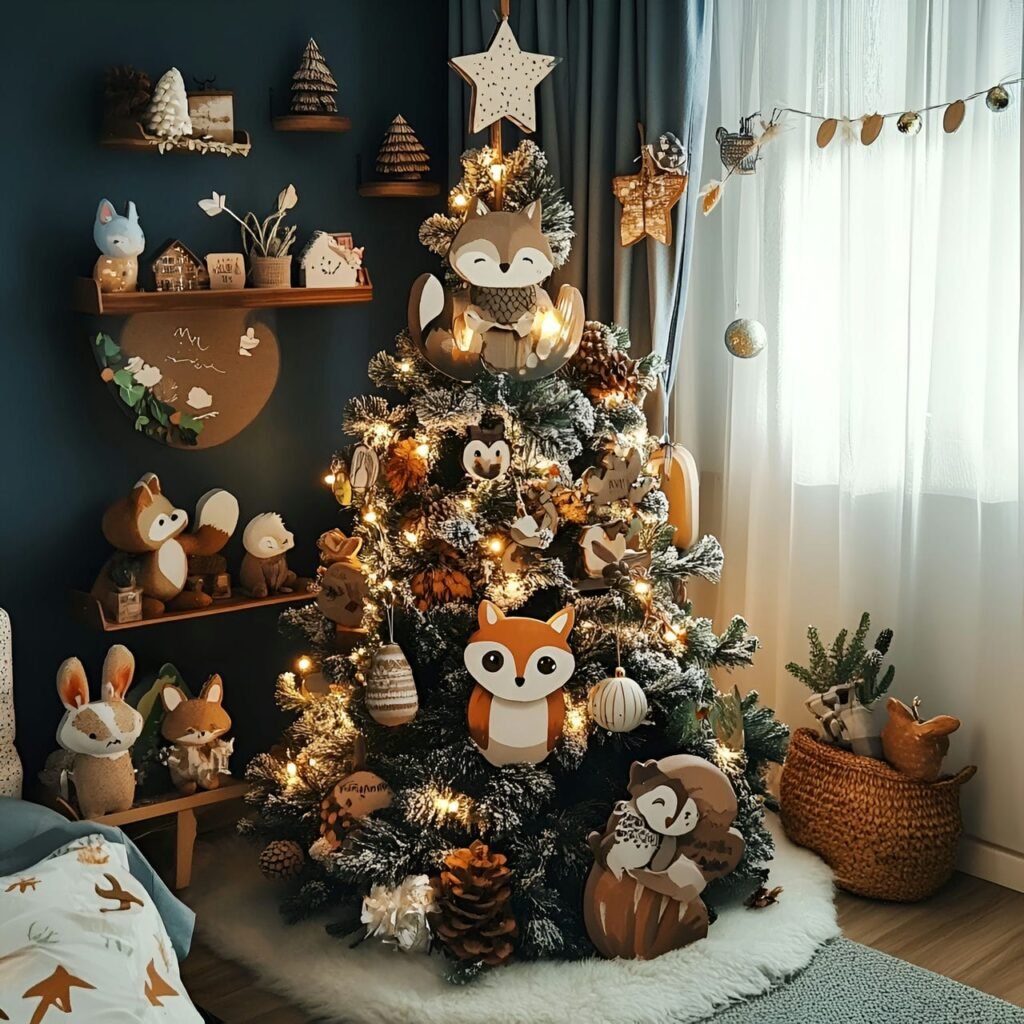 01. Woodland Wildlife Christmas Tree with Fox, Owl, and Squirrel Décor