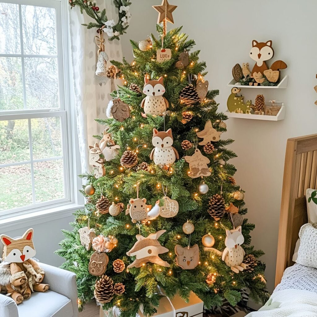 01. Woodland Wildlife Christmas Tree with Fox, Owl, and Squirrel Décor