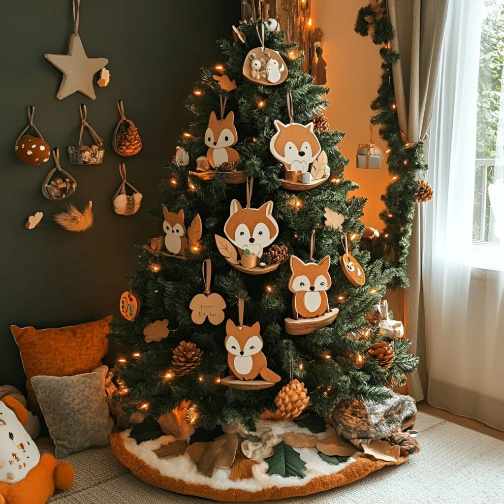 01. Woodland Wildlife Christmas Tree with Fox, Owl, and Squirrel Décor