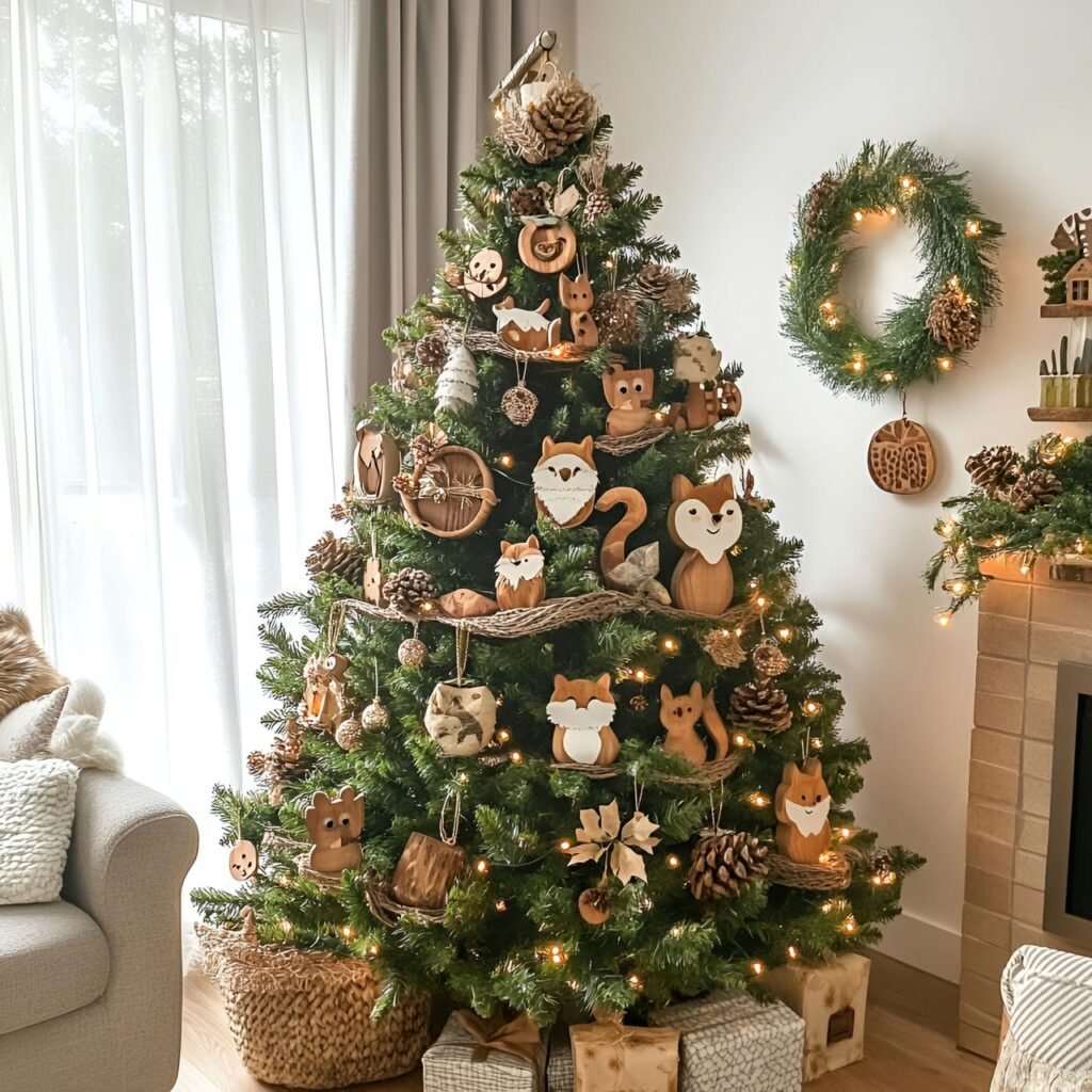 01. Woodland Wildlife Christmas Tree with Fox, Owl, and Squirrel Décor