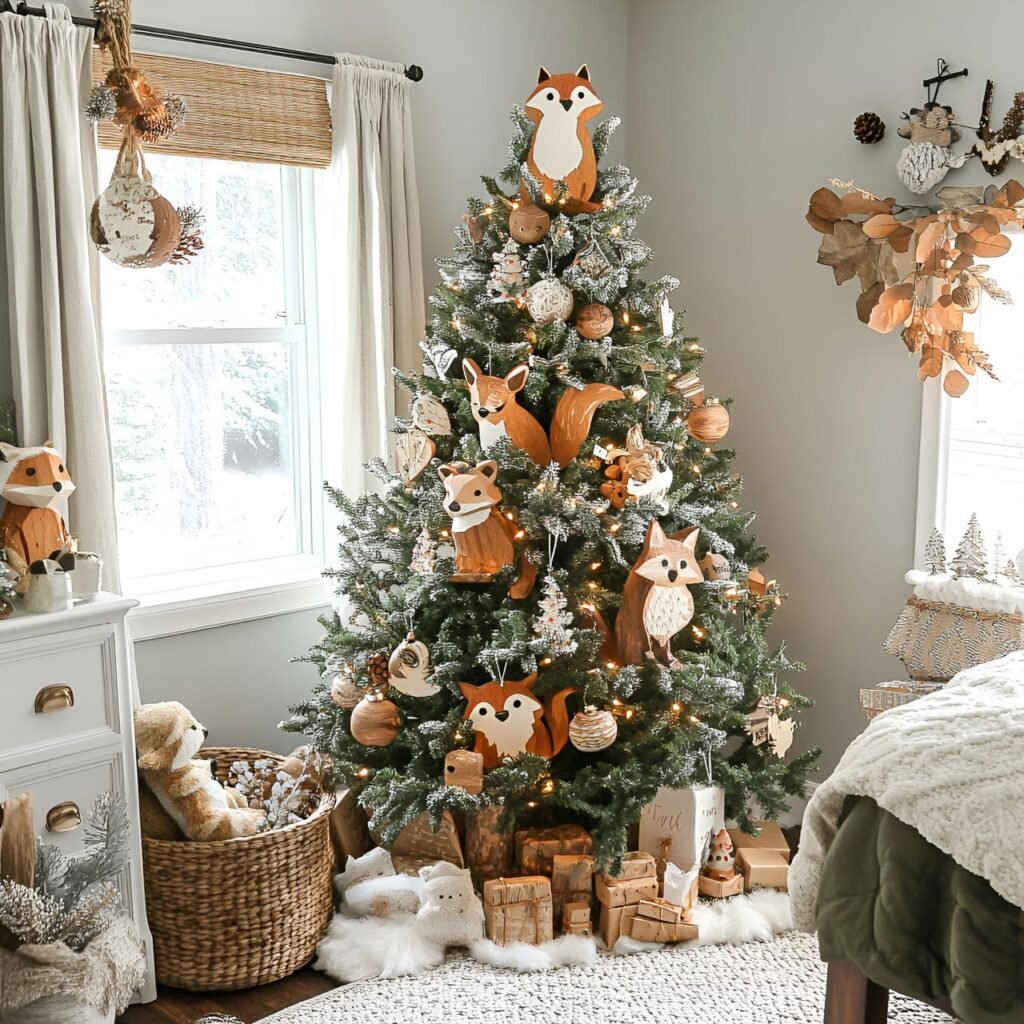 01. Woodland Wildlife Christmas Tree with Fox, Owl, and Squirrel Décor