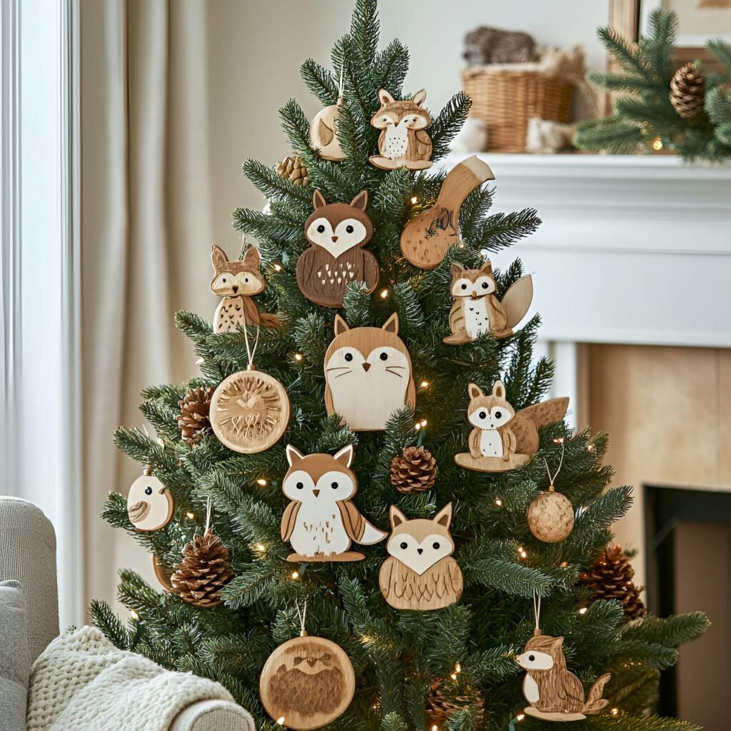 01. Woodland Wildlife Christmas Tree with Fox, Owl, and Squirrel Décor