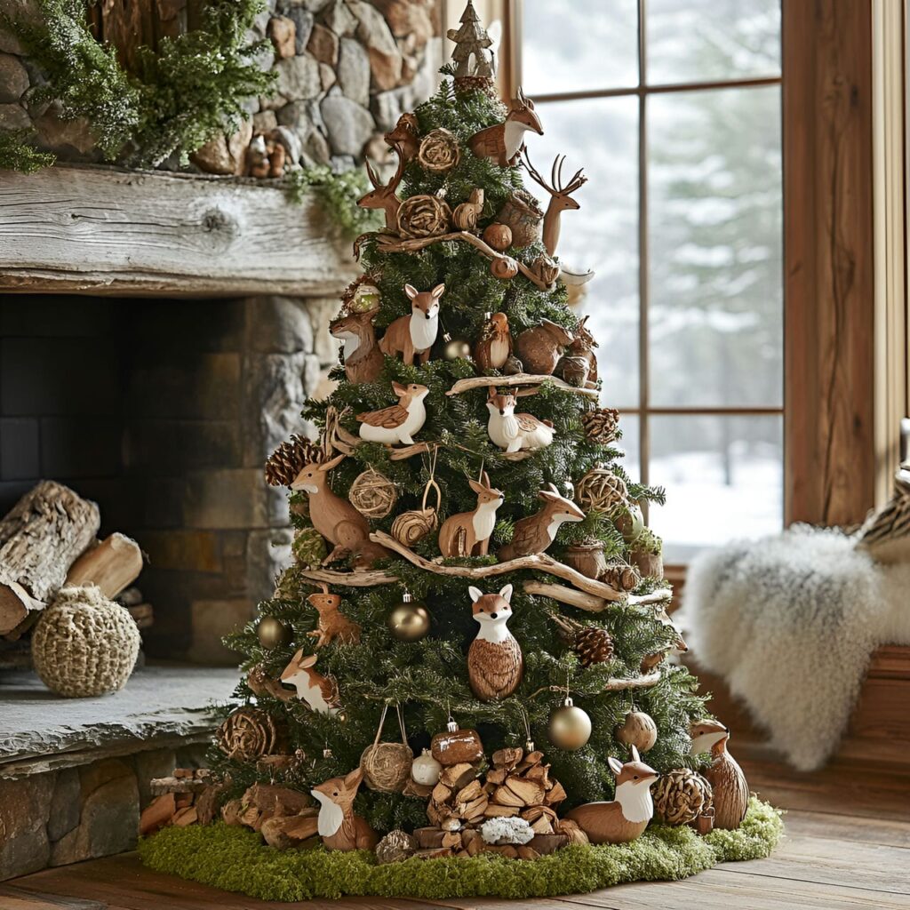 10. Woodland Critters Tree with Animal Ornaments and Moss Garlands