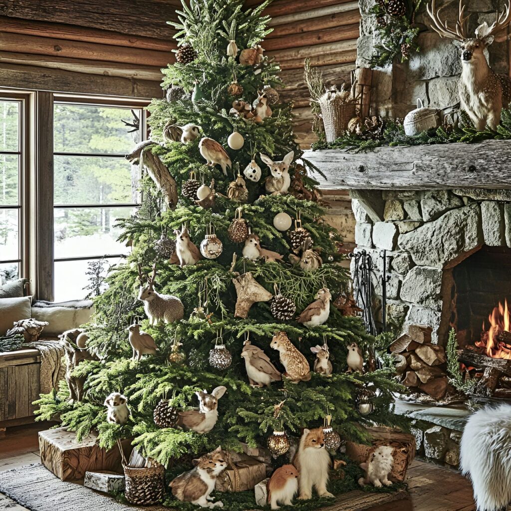 10. Woodland Critters Tree with Animal Ornaments and Moss Garlands