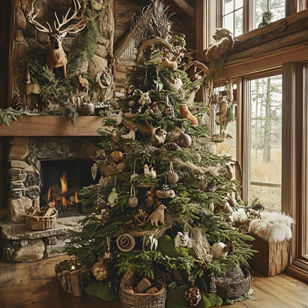 10. Woodland Critters Tree with Animal Ornaments and Moss Garlands