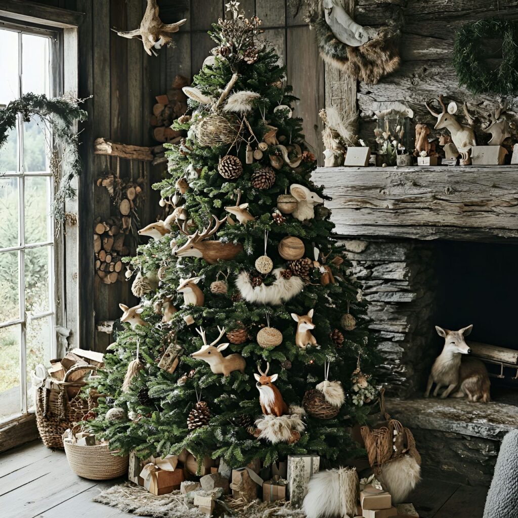 10. Woodland Critters Tree with Animal Ornaments and Moss Garlands