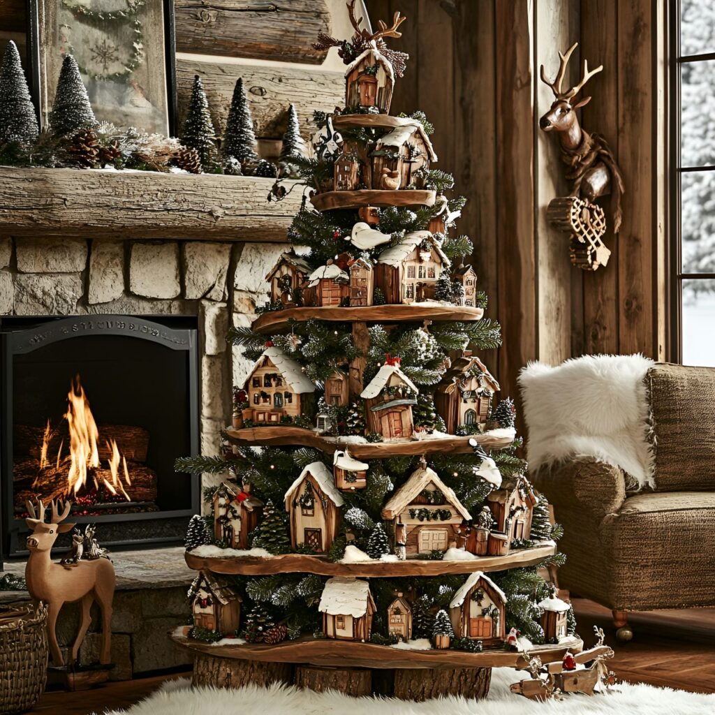 07. Woodland Log Christmas Tree with Reindeer and Pine Branches