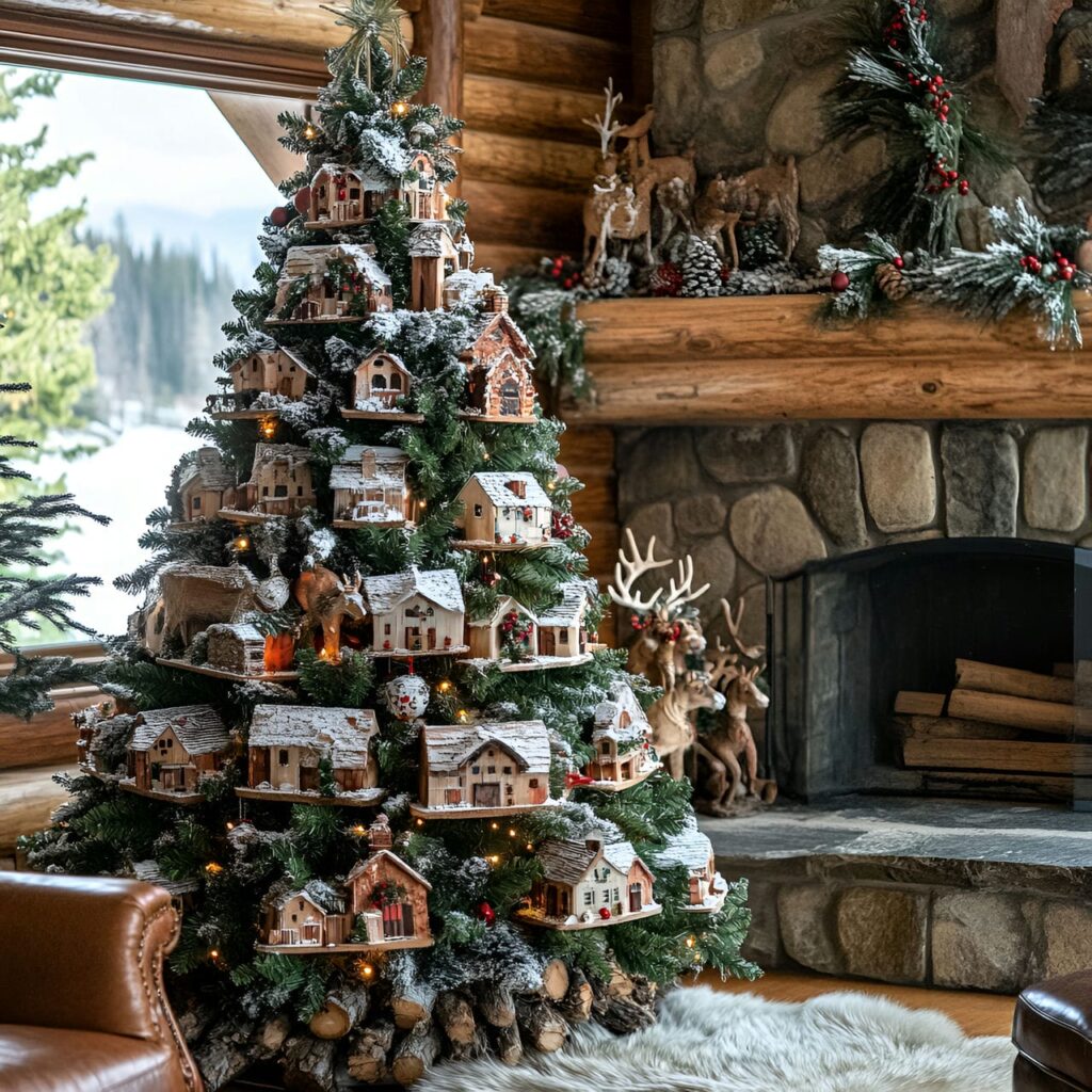 07. Woodland Log Christmas Tree with Reindeer and Pine Branches