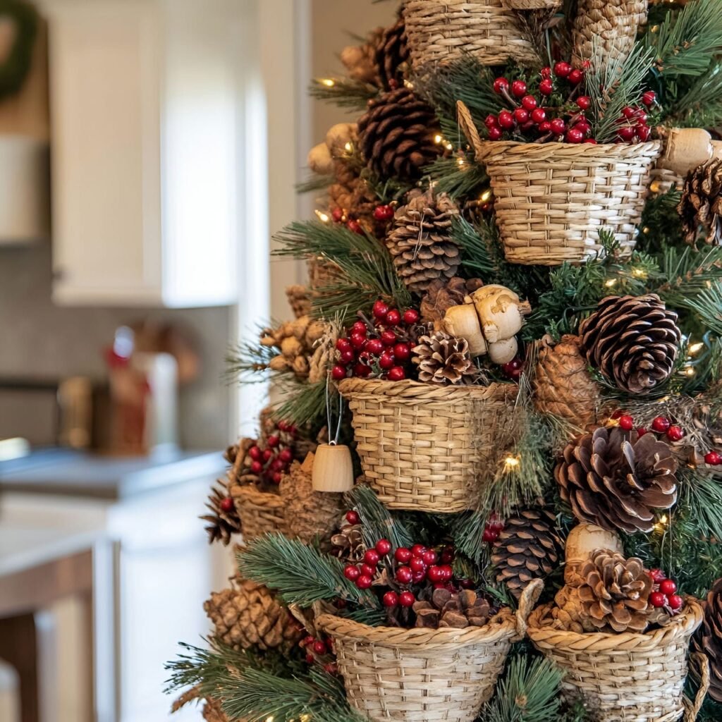 23. Woven Basket Ornament Tree with Rustic Pinecone Fillings