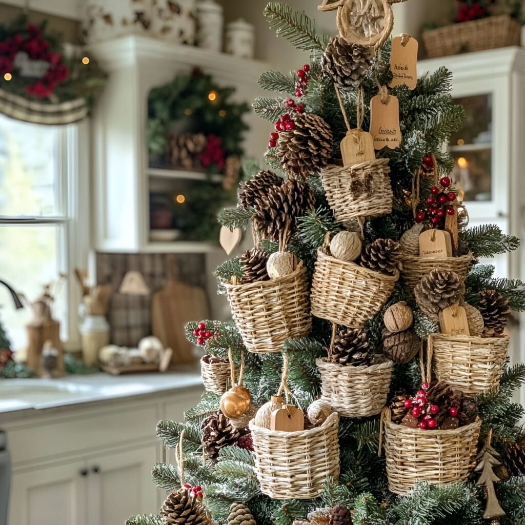 23. Woven Basket Ornament Tree with Rustic Pinecone Fillings