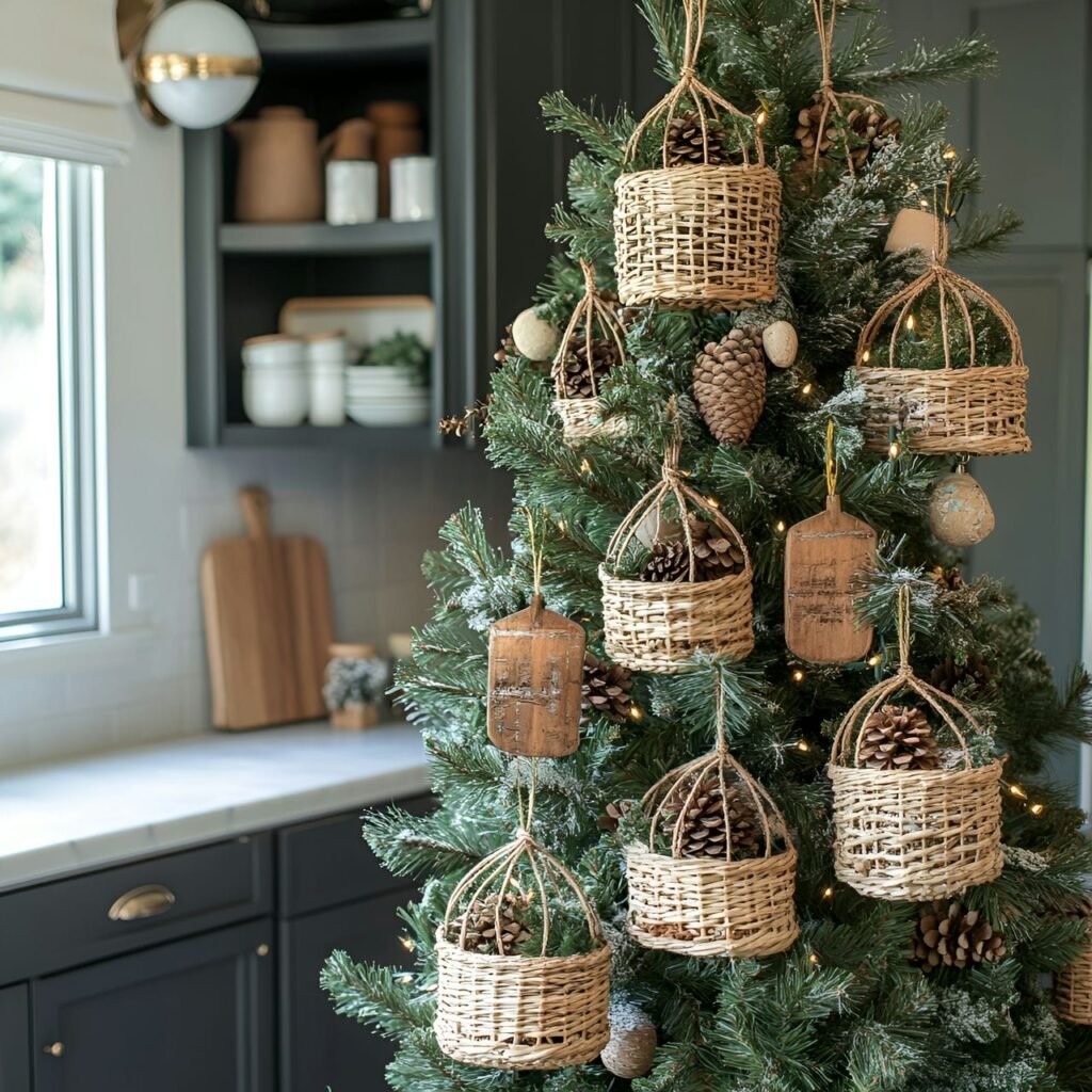 23. Woven Basket Ornament Tree with Rustic Pinecone Fillings