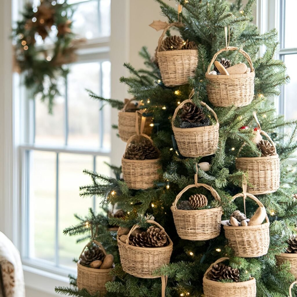 23. Woven Basket Ornament Tree with Rustic Pinecone Fillings