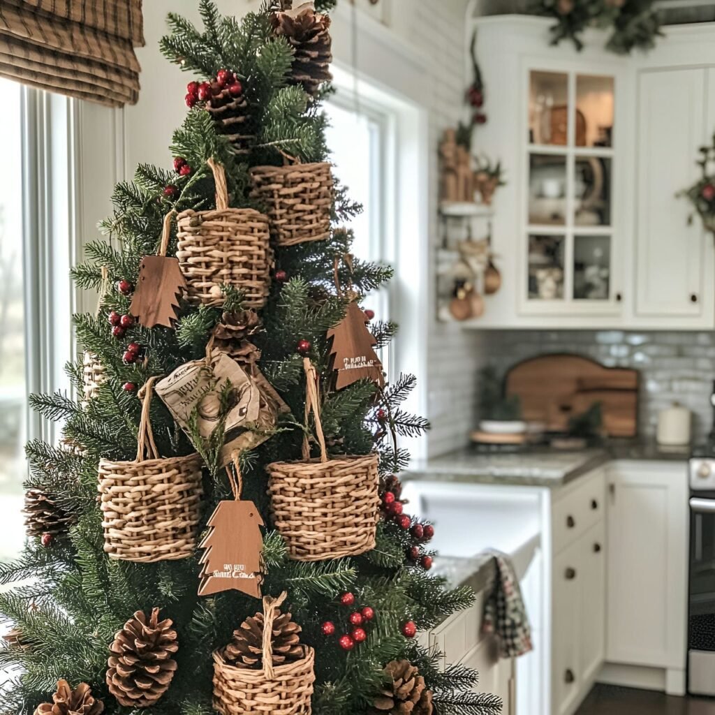 23. Woven Basket Ornament Tree with Rustic Pinecone Fillings