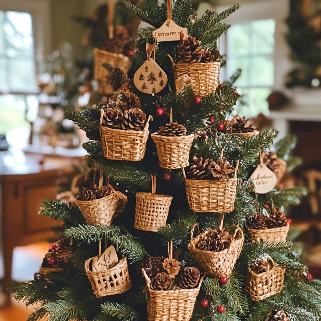 23. Woven Basket Ornament Tree with Rustic Pinecone Fillings