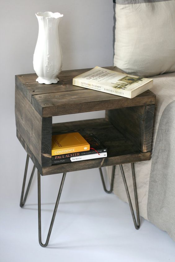 Dark stained open box nightstand on black hairpin legs