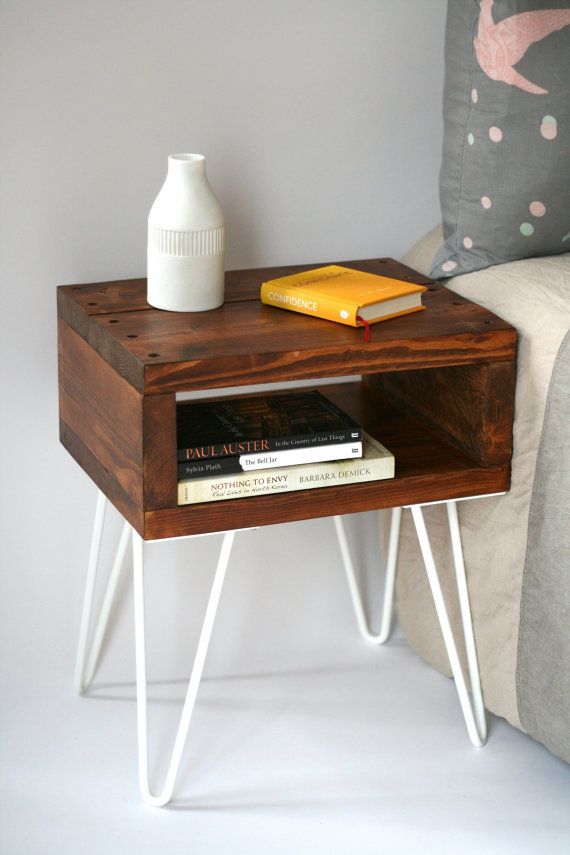 Dark wood open box nightstand with white hairpin legs