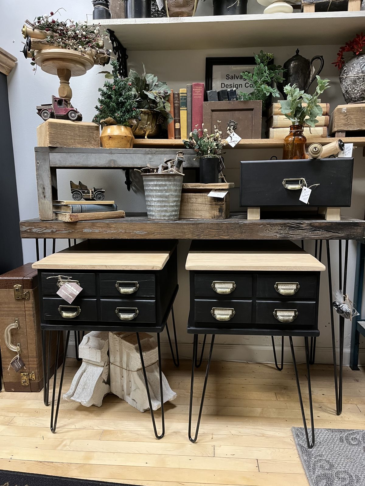 Collection of upcycled drawer nightstands on hairpin legs
