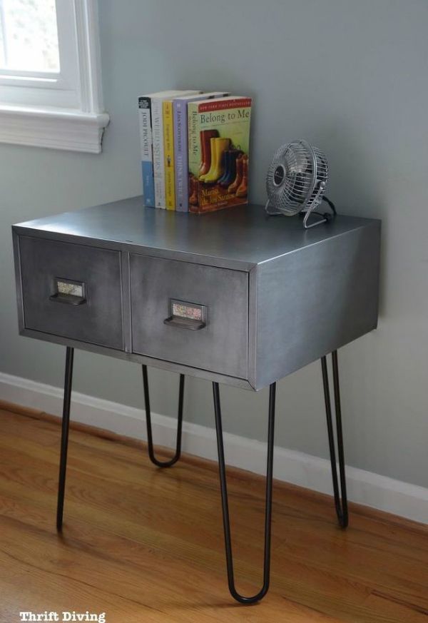 Industrial metal drawer nightstand on hairpin legs