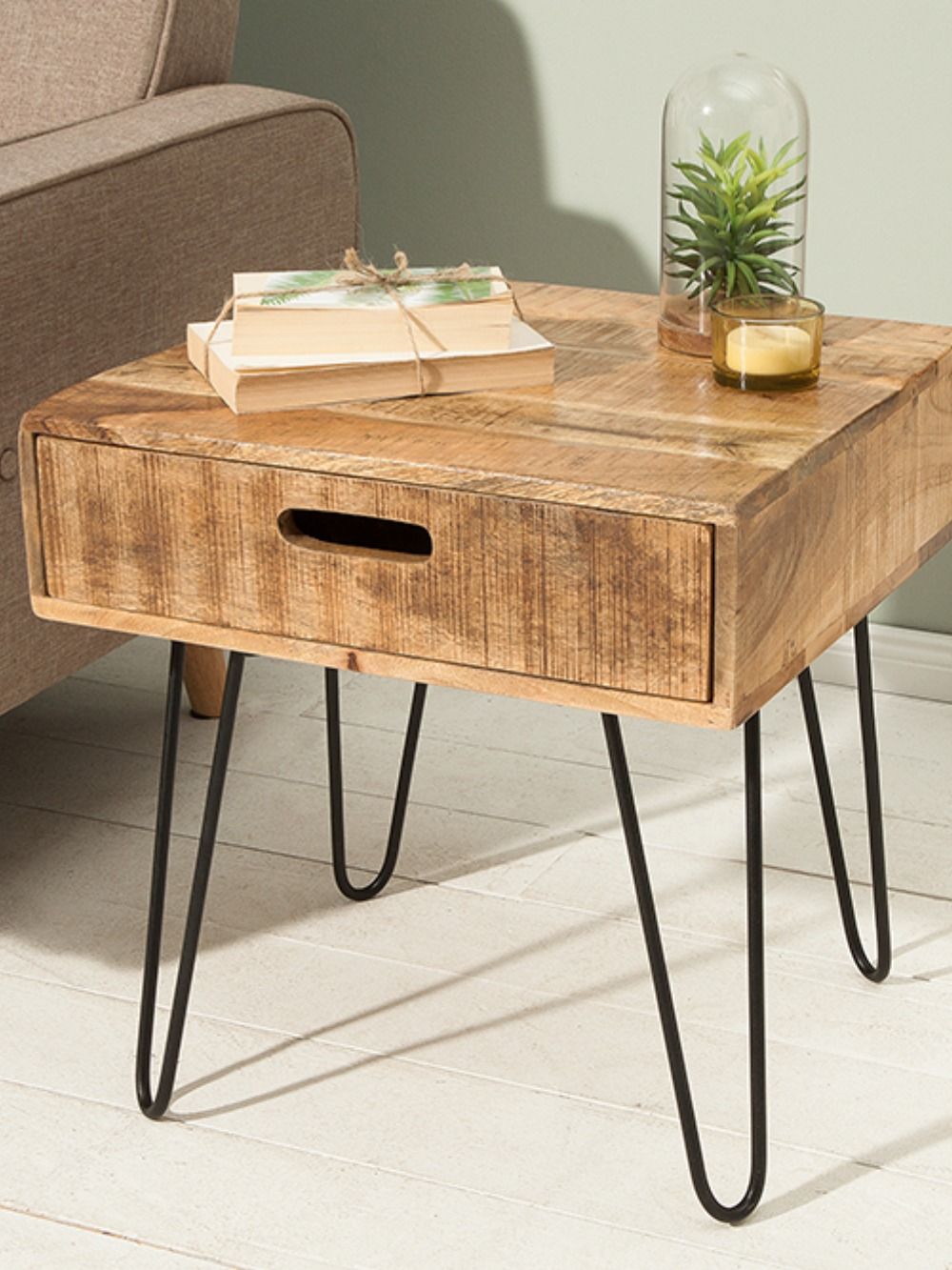 Reclaimed wood drawer DIY nightstand on black hairpin legs