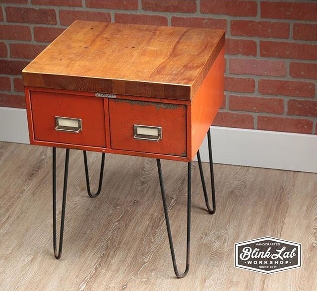 Repurposed industrial drawers with wood top and hairpin legs