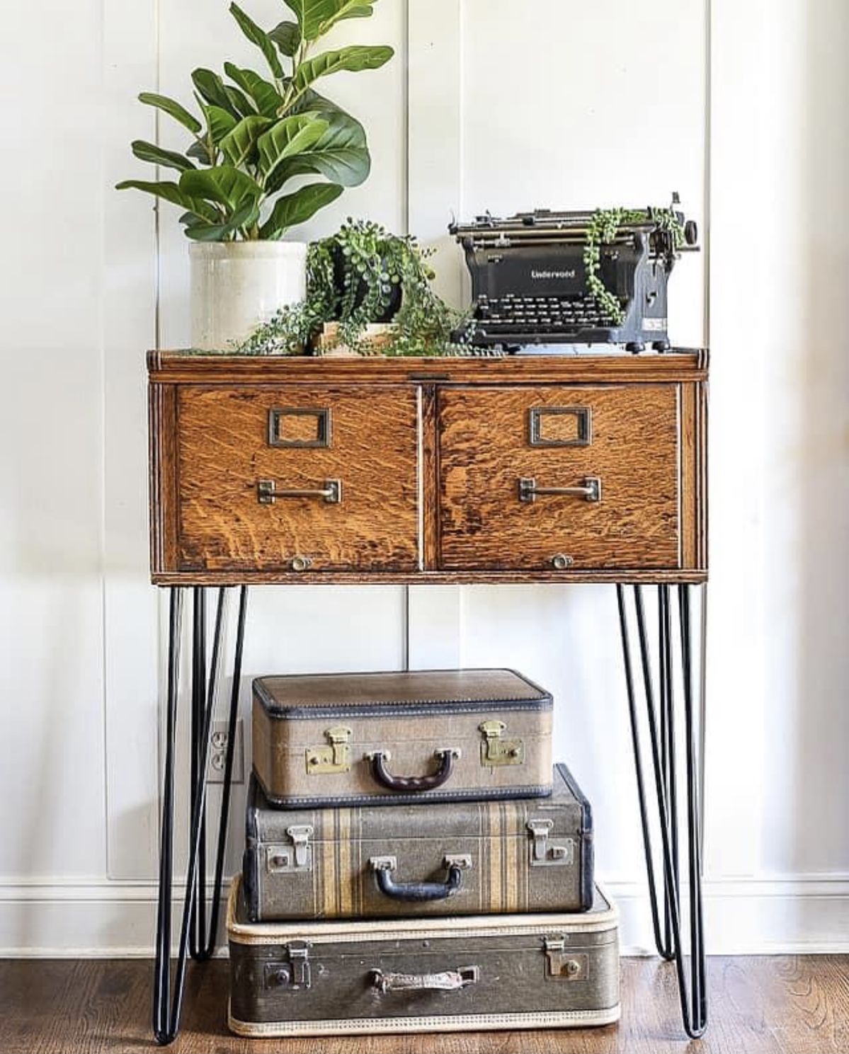 Tall two-drawer console nightstand with long hairpin legs