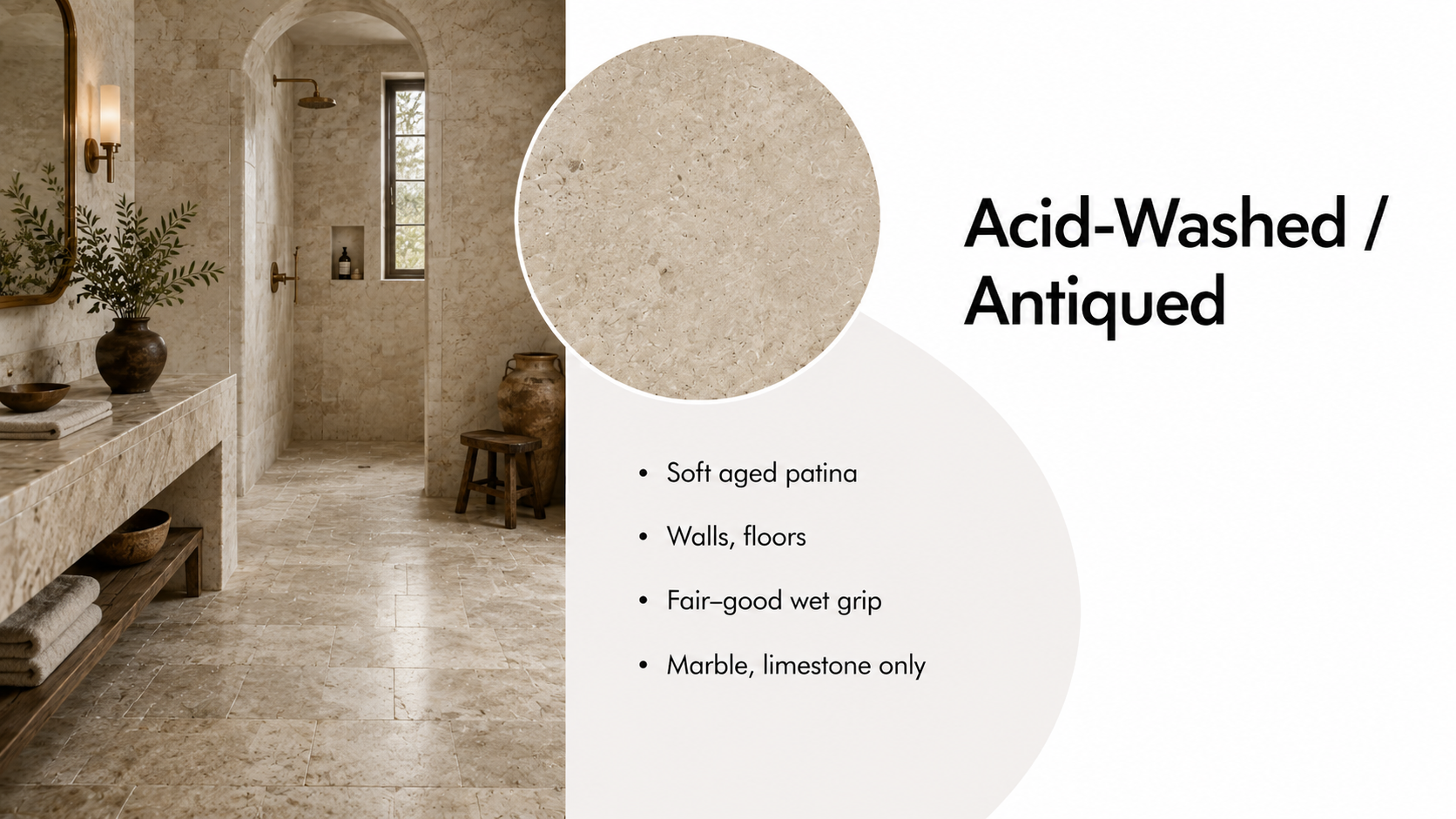 Acid-washed antiqued stone finish shown in a warm stone bathroom