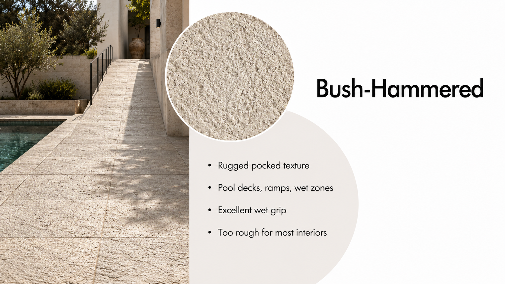 Bush-hammered natural stone finish shown on a slip-resistant pool deck