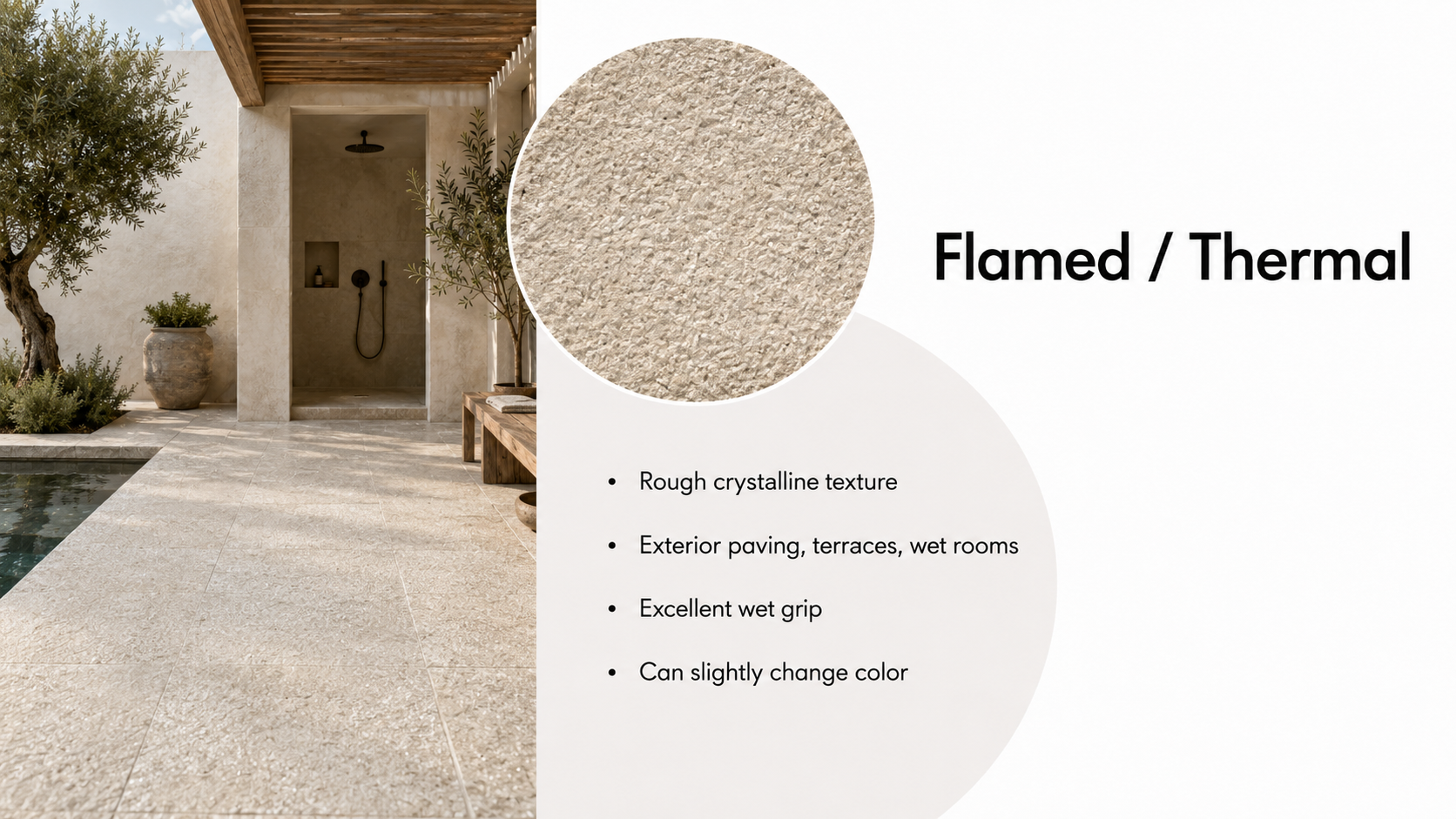 Flamed thermal natural stone finish shown on an outdoor terrace floor