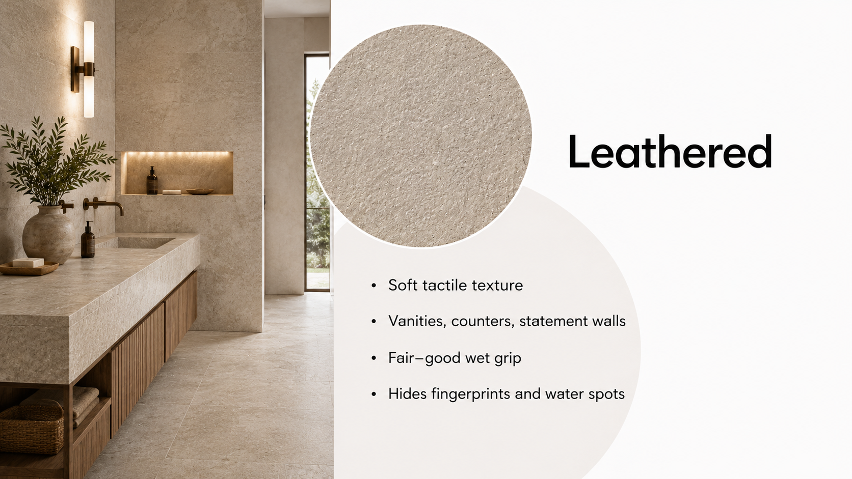 Leathered natural stone finish shown on a textured bathroom vanity surface