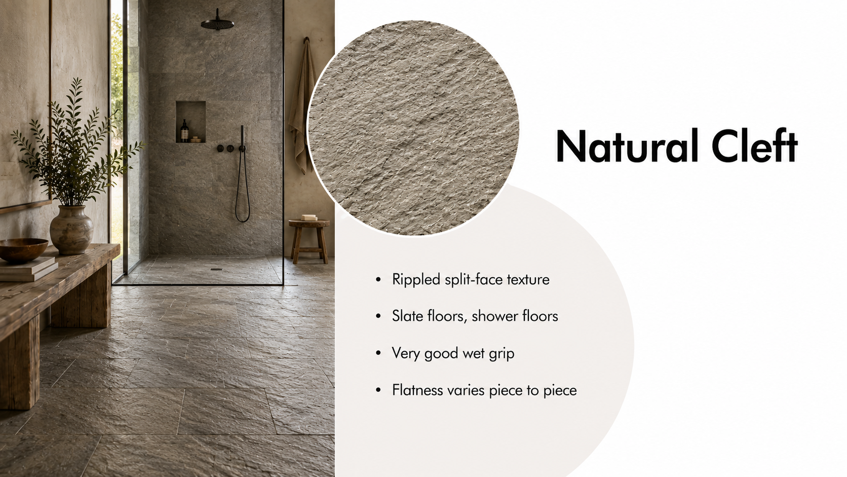 Natural cleft stone finish shown on a textured slate shower floor