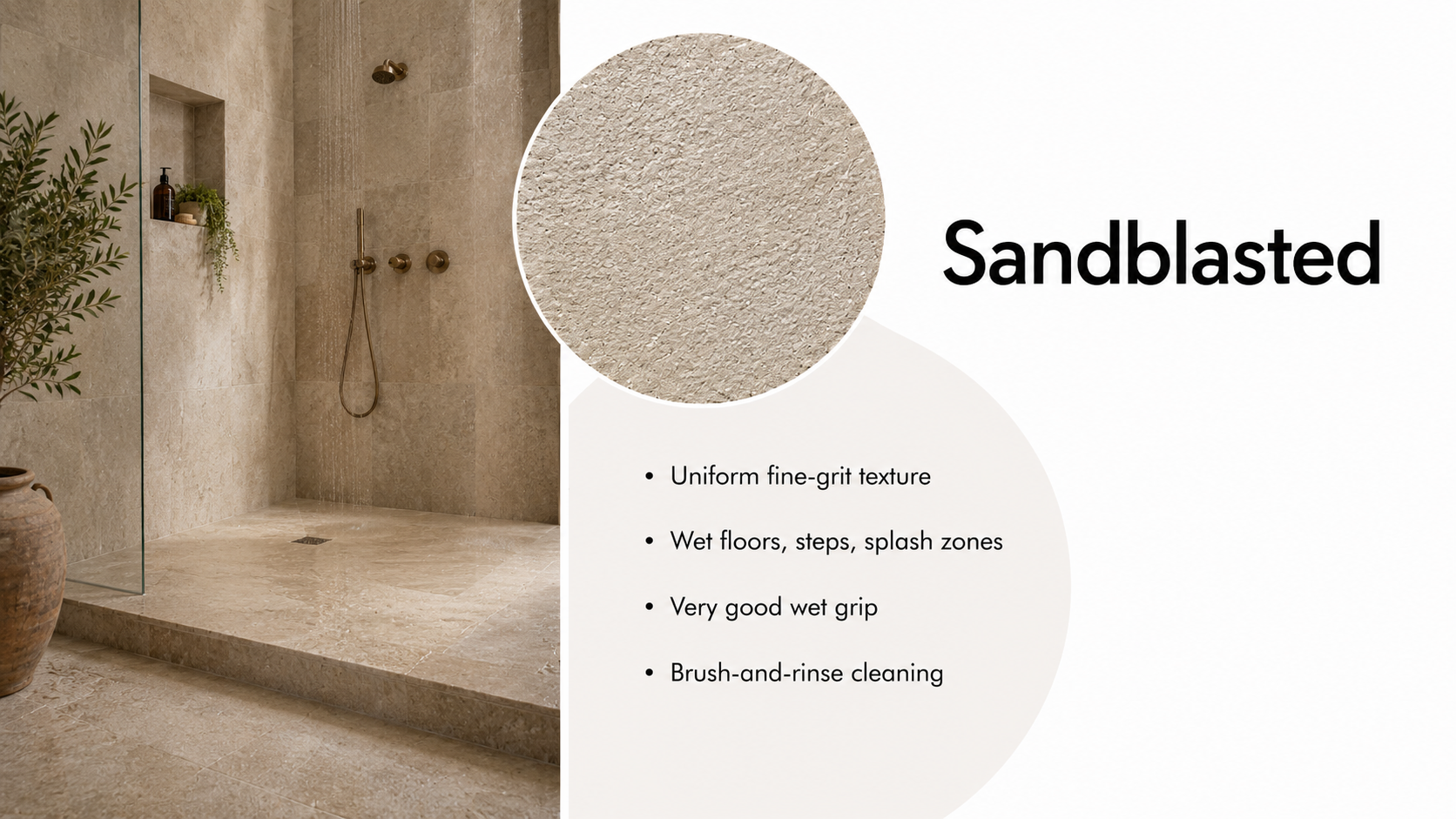 Sandblasted natural stone finish shown on a textured wet floor surface