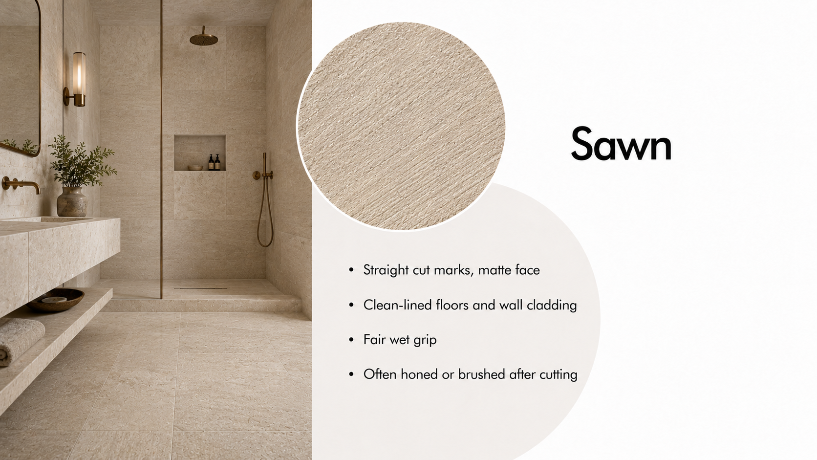 Sawn natural stone finish shown on a raw matte modern stone floor