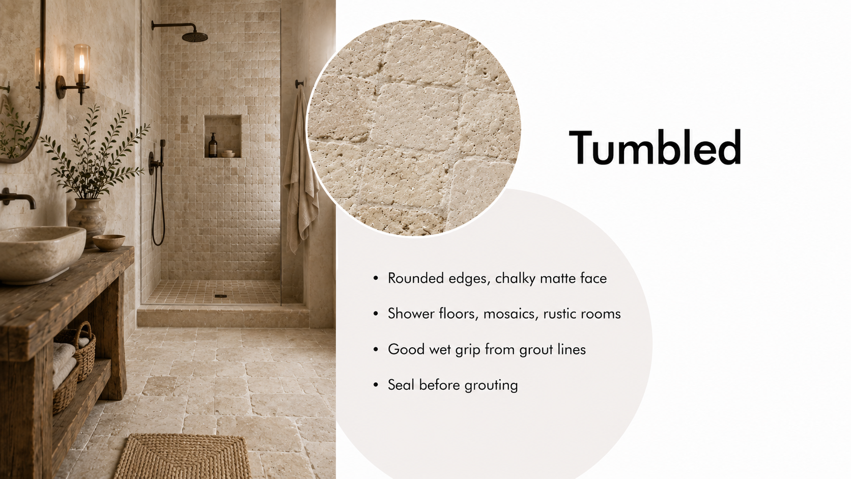 Tumbled natural stone finish shown on a rustic bathroom shower floor